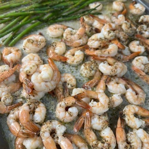 Garlic Butter Shrimp & Asparagus on a large sheet pan