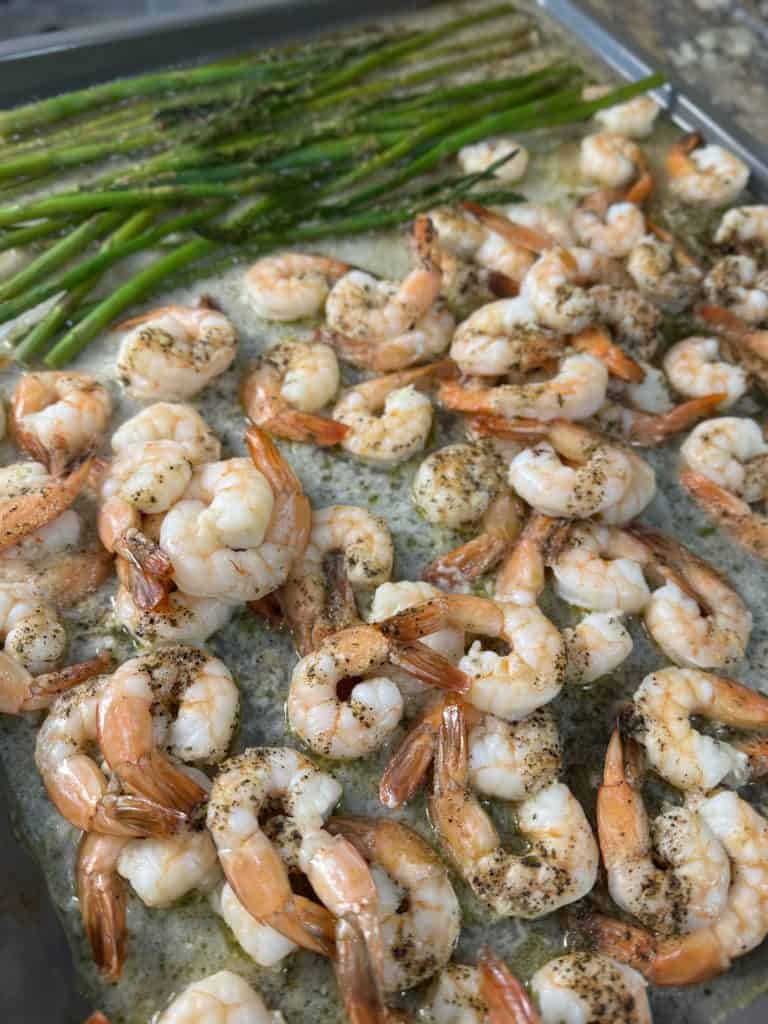 Garlic Butter Shrimp & Asparagus on a large sheet pan