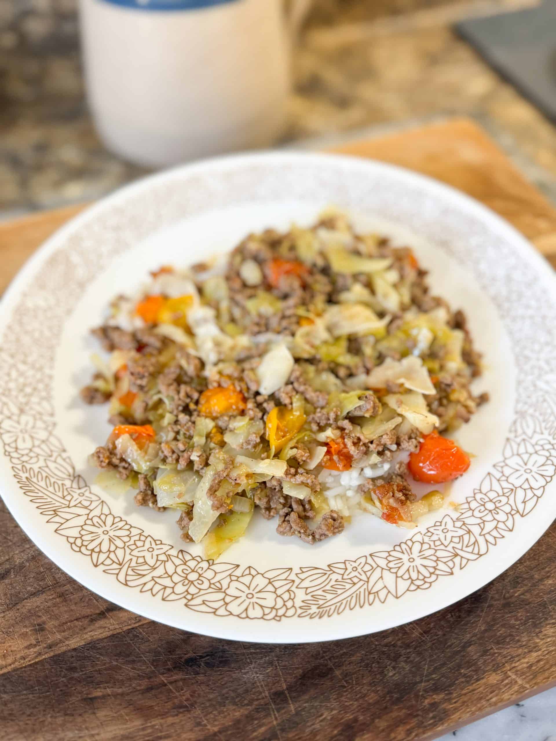 Ground Beef and Cabbage Skillet on a white plate