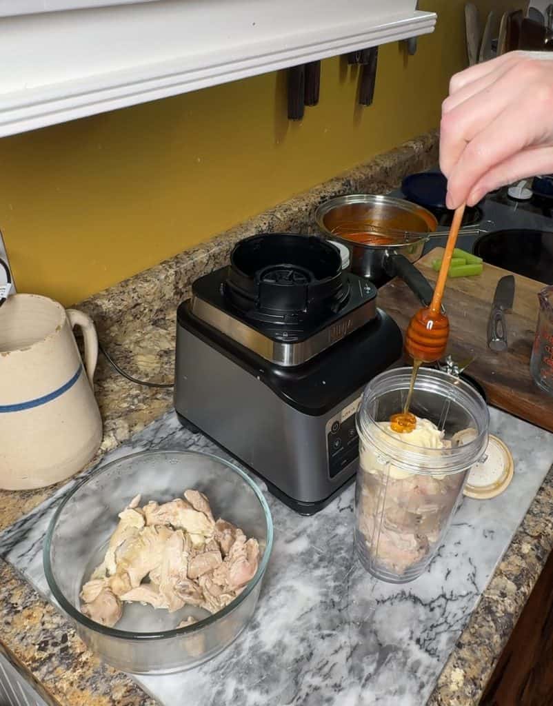 adding honey and chicken into a food processor