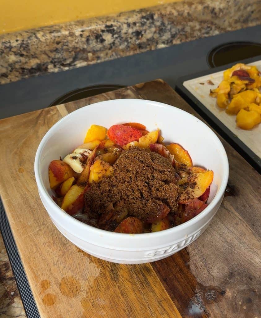 peaches with melted butter and brown sugar on top
