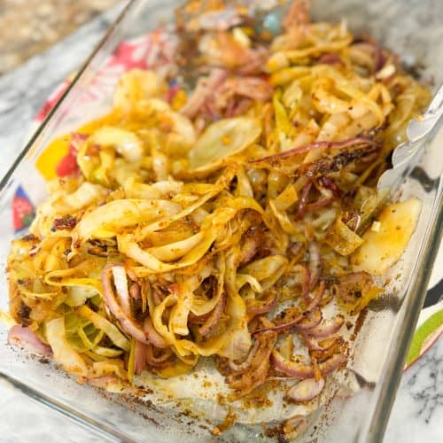 cabbage steaks in a glass baking dish