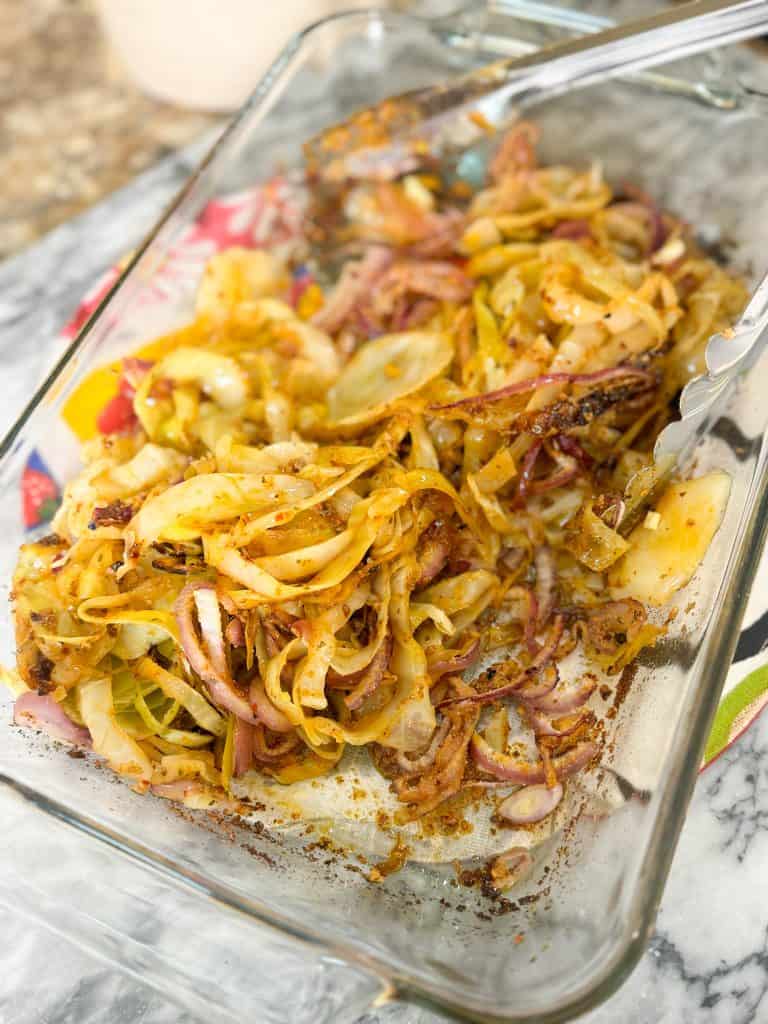 cabbage steaks in a glass baking dish
