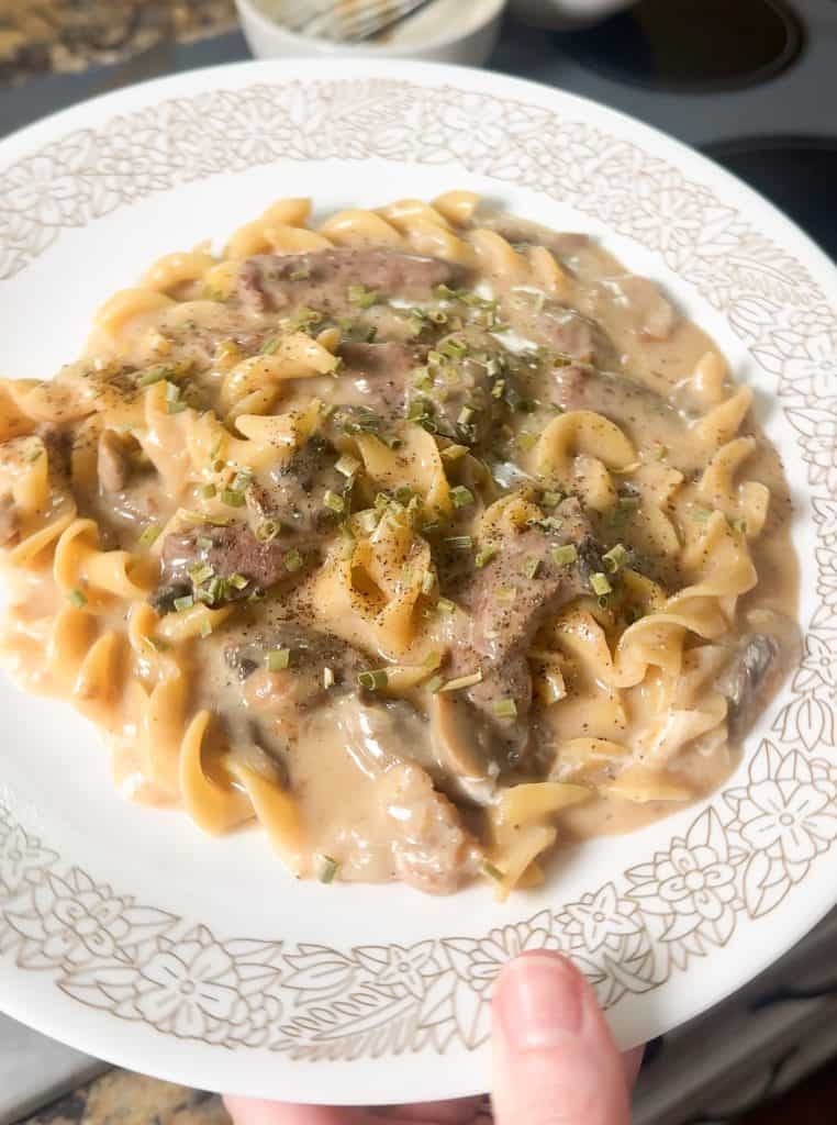 beef stroganoff on a plate ready to serve